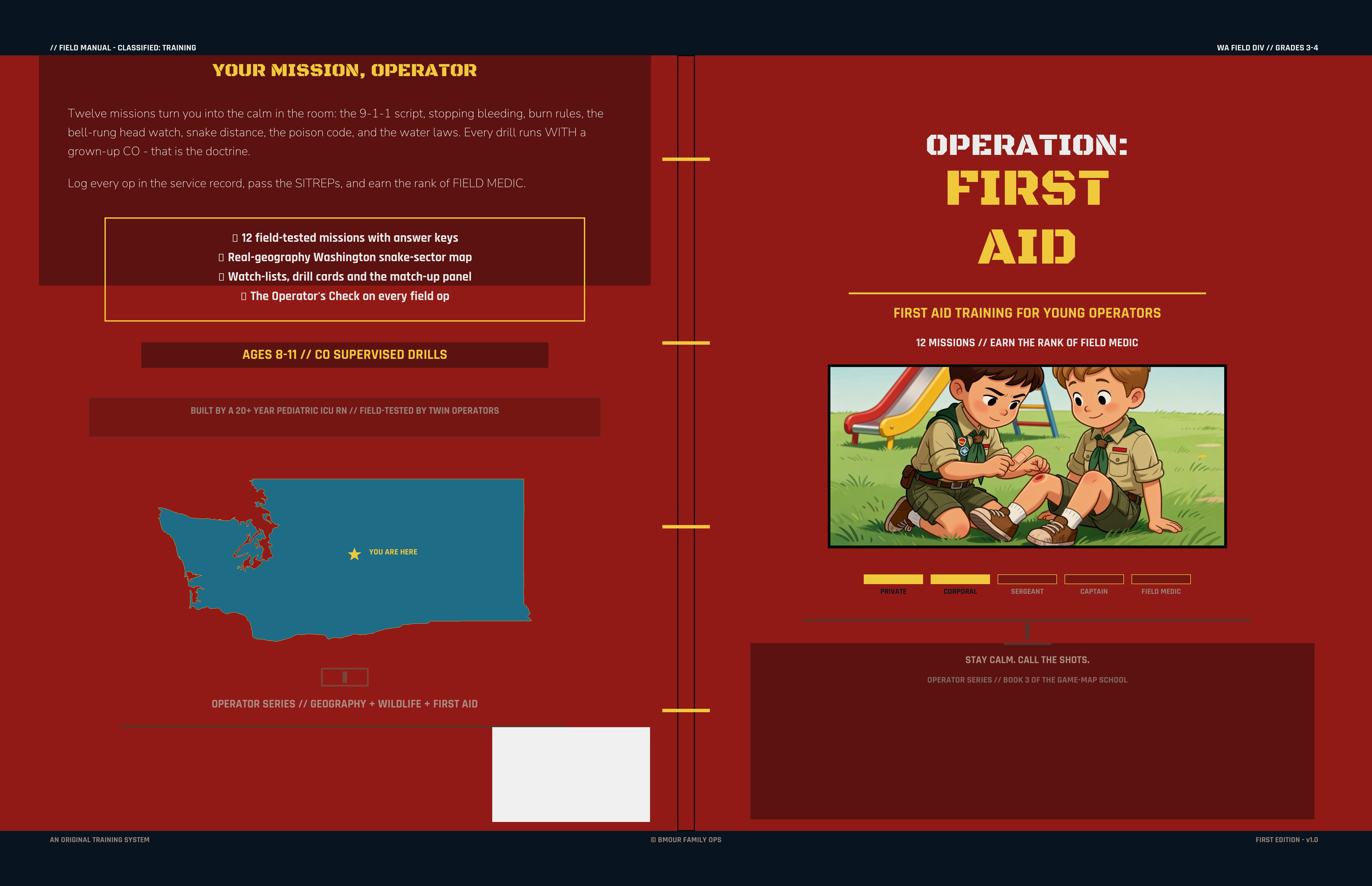 Operation First Aid cover featuring two illustrated young operators practicing care